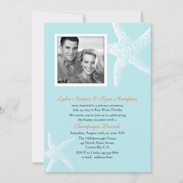 Nur Light Blue Starfish Foto Template Empfang Einladung (Vorderseite)