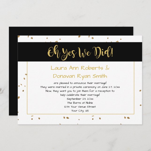 Nur moderner Schwarz-weißer Glitzern Empfang Einladung (Vorne/Hinten)