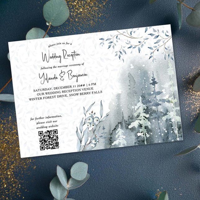 Nur Schneewald Winter Hochzeit Empfang Einladung (Wedding Reception Invitation with qr code from the Snow Forest Wedding Collection by Darling & May)