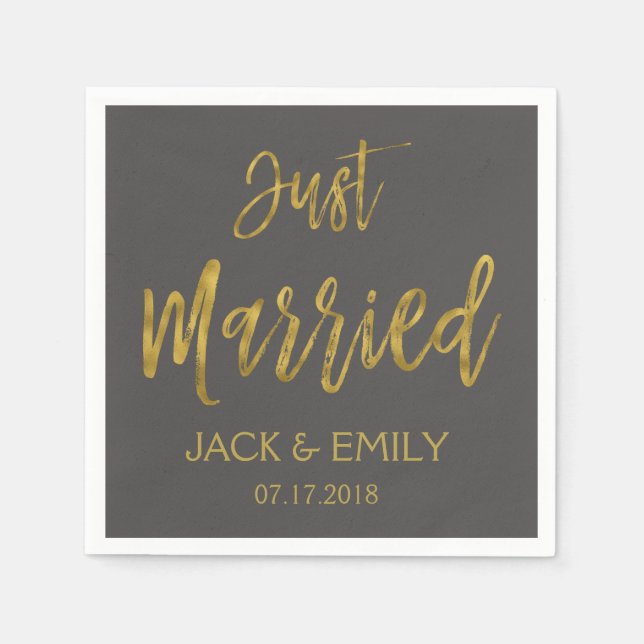 Nur verheiratet Kohle Grau und Gold Foil Napkins Serviette (Vorderseite)