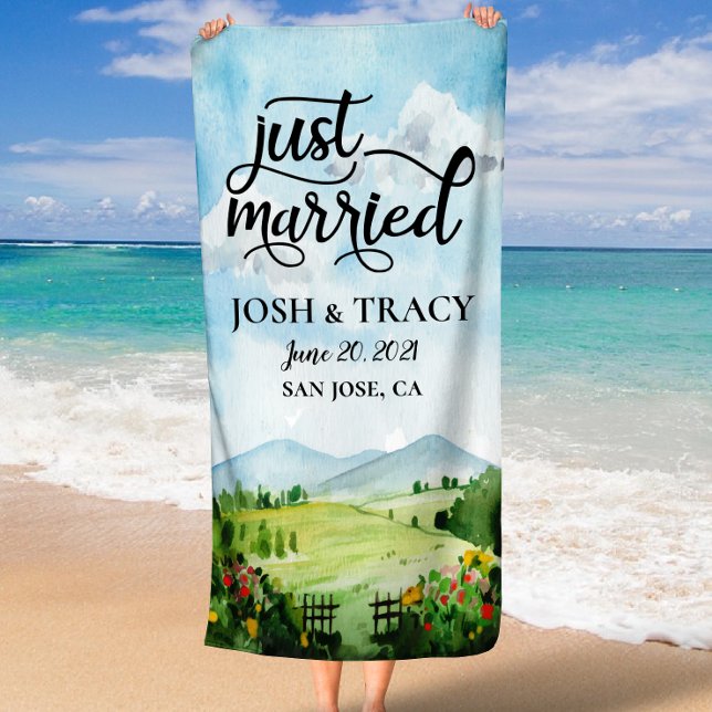 Nur verheiratet, Mr. und Mrs., neu verheiratet, Fl Strandtuch (Just Married, Mr and Mrs, Newlywed, Honeymoon Beach Towel)