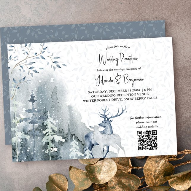 Nur Winterschneewald und Hirschhochzeit Einladung (Wedding Reception invitation with QR code from my Snow Forest Winter Wedding collection)