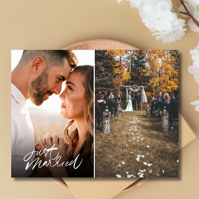 Nur zwei Foto Hochzeit Danke Postkarte (Just Married Two Photo Wedding Thank You Postcard)
