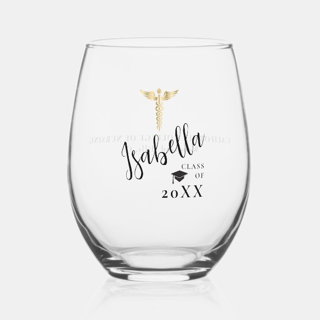 Nurse Abschluss Gift Gold Caduceus Name Year Weinglas Ohne Stiel (Vorderseite)
