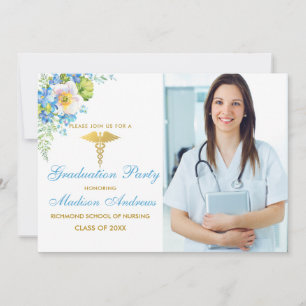 Nurse Blue Floral Gold Grad Party Einladung