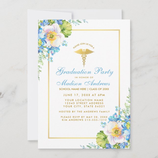 Nurse Blue Floral Gold Grad Party Einladung GB (Vorderseite)