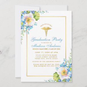 Nurse Blue Floral Gold Grad Party Einladung GB