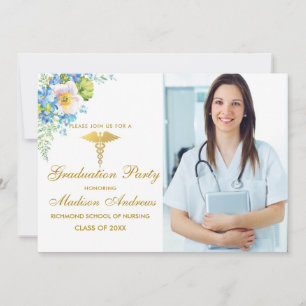 Nurse Blue Floral Grad Party Einladung Gold