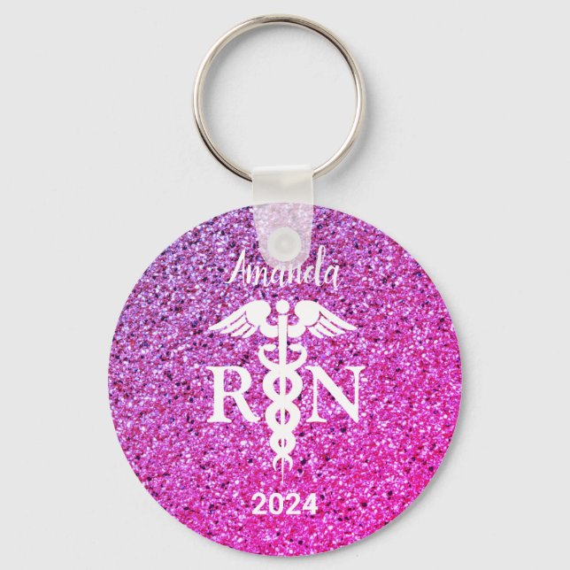 Nurse Caduceus Lila Pink Glitzer Monogramm Schlüsselanhänger (Vorderseite)