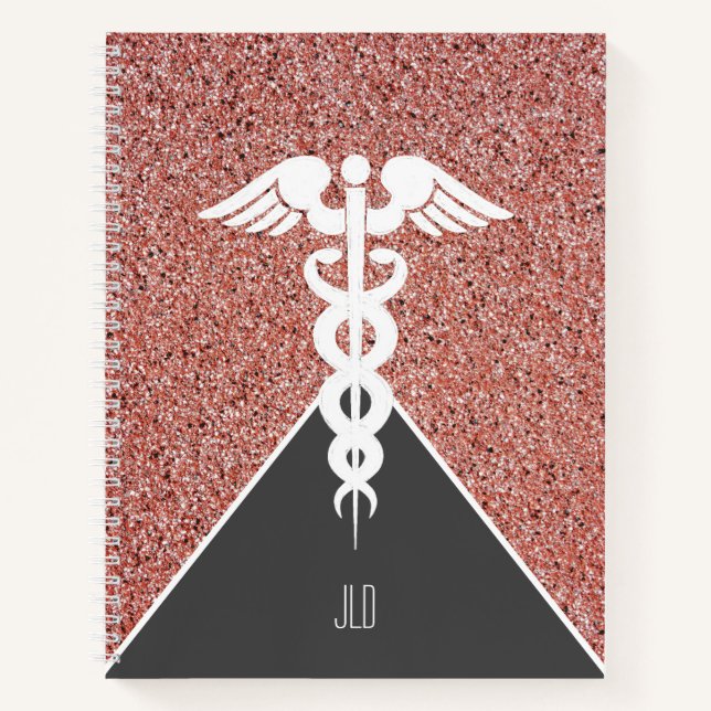 Nurse Caduceus Rose Gold Glitzer Mit Monogramm Notizbuch (Vorderseite)