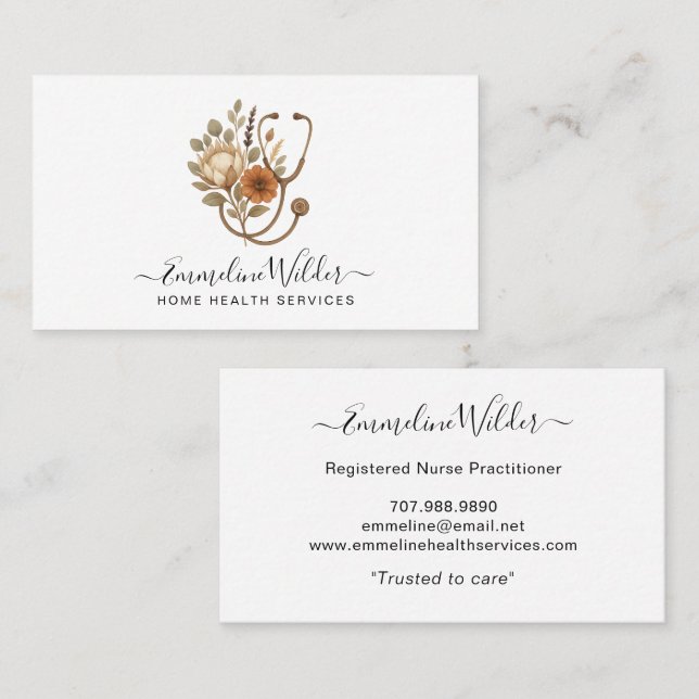 Nurse Caregiver Floral Stethoscope Business Card Visitenkarte (Vorne/Hinten)