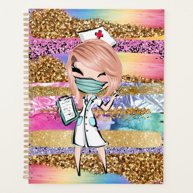 Nurse Cartoon Glitzer Regenbogen Aquarellfarbe Planer (Vorderseite)