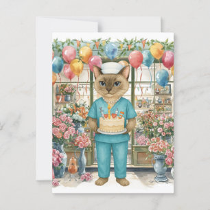 Nurse Cat Geburtstagsparty Torte Blumen und Ballon Postkarte