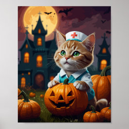 Nurse Cat with Halloween Kürbis Poster