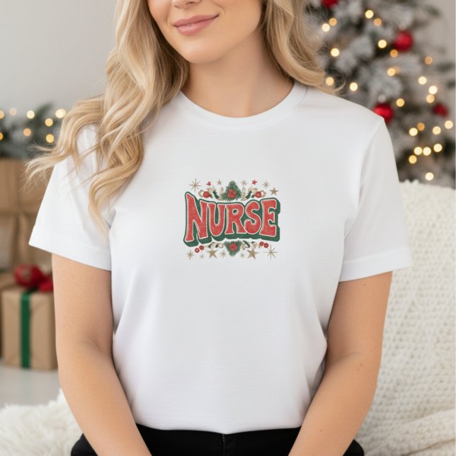 Nurse Christmas T-Shirt Tri-Blend Shirt (White t-shirt with festive red and green “Nurse” text surrounded by holly Christmas design)