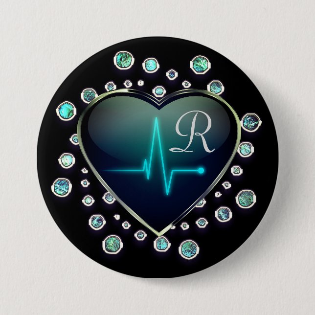 Nurse EKG Herzjuwel sehen schwarz blau silber aus Button (Vorderseite)