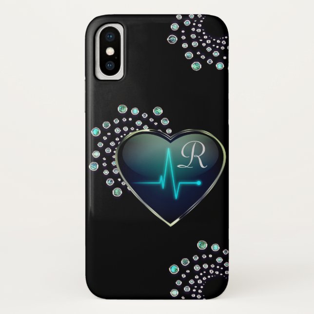 Nurse EKG line Herz und Juwel schwarz blau silber Case-Mate iPhone Hülle (Rückseite)