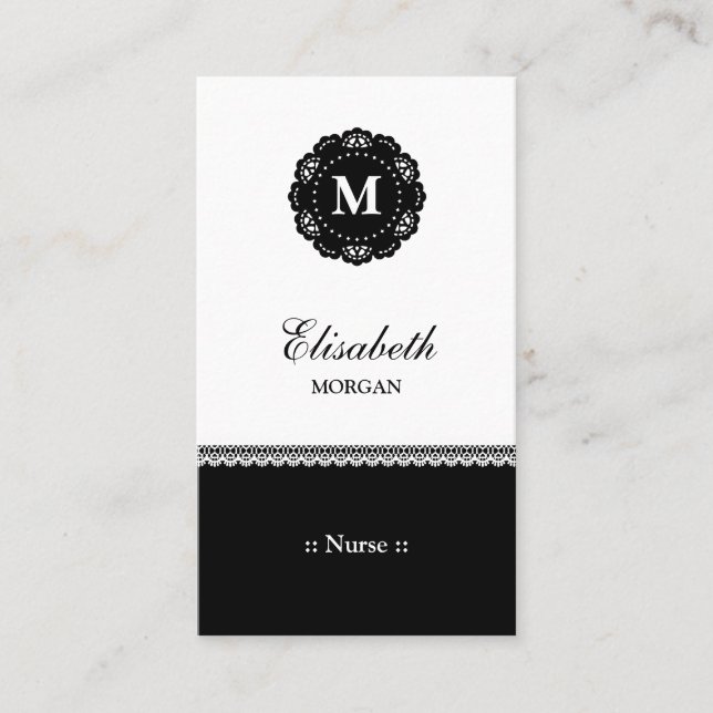 Nurse Elegant Black Lace Monogram Visitenkarte (Vorderseite)