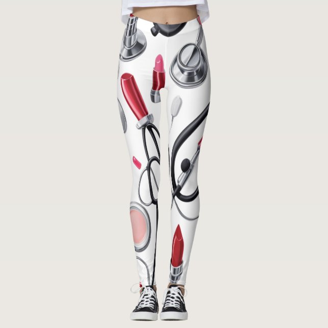 Nurse Glam - Stethoscope & Lipstick Pattern Leggings (Vorderseite)