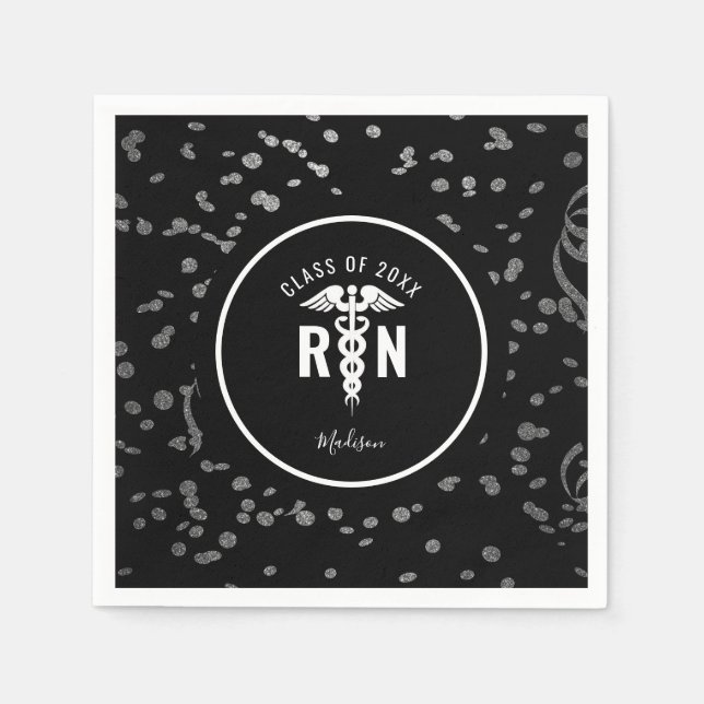 Nurse Graduate Party Black Silver Personalisiert Serviette (Vorderseite)