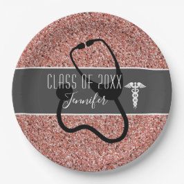 Nurse Graduation Party Caduceus Rose Gold Glitzer Pappteller