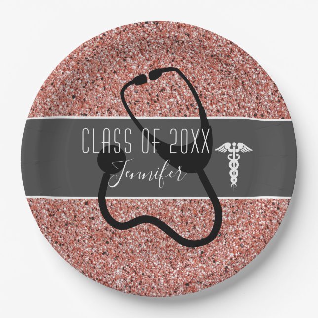 Nurse Graduation Party Caduceus Rose Gold Glitzer Pappteller (Vorderseite)
