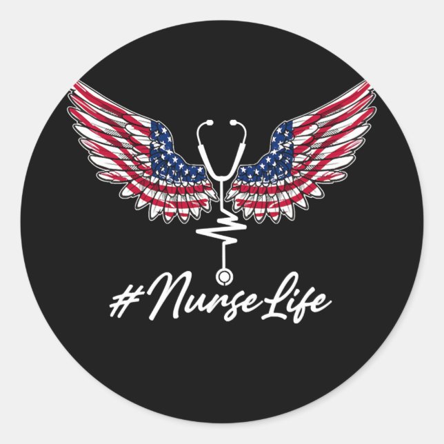 Nurse Life Angel Wings American Flag Stethoscope Runder Aufkleber (Vorderseite)