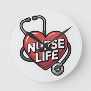 "Nurse Life" Grafikdesign mit Herz Runde Wanduhr