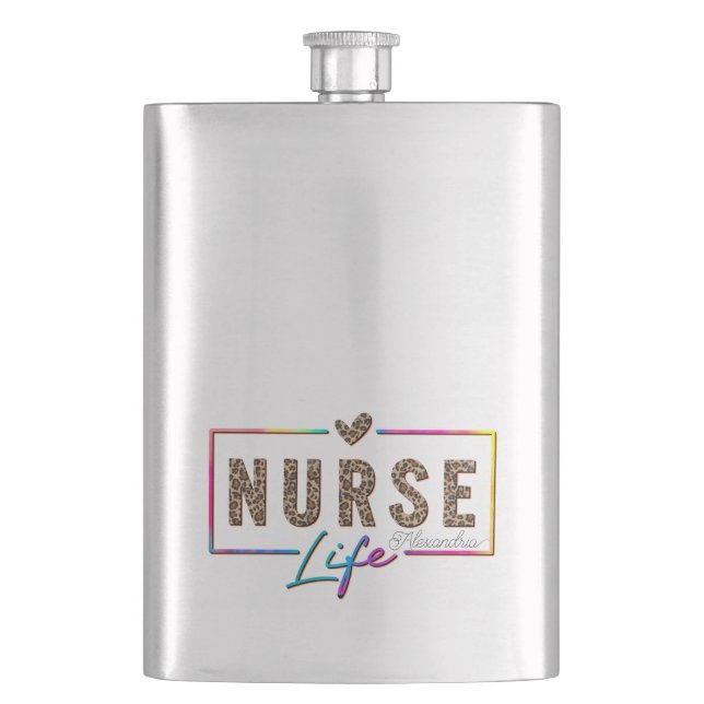 "Nurse Life" in eleganten Regenbogenfarben Flachmann (Vorderseite)