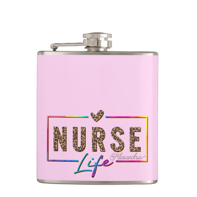 "Nurse Life" in eleganten Regenbogenfarben Flachmann (Vorderseite)