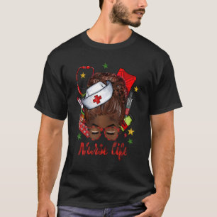 Nurse Life Messy Bun Afro Black Queen Red Kariert T-Shirt
