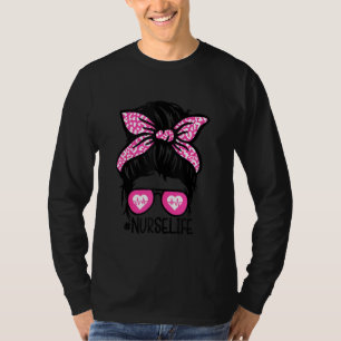 Nurse Life Messy Bun Heart Beat T-Shirt