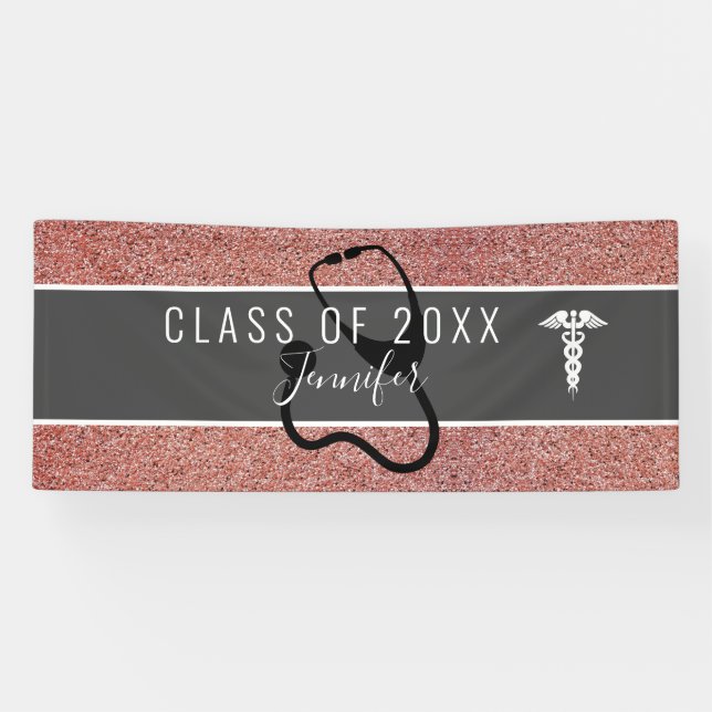 Nurse Medical Rose Gold Glitzer Graduation Party Banner (Horizontal)