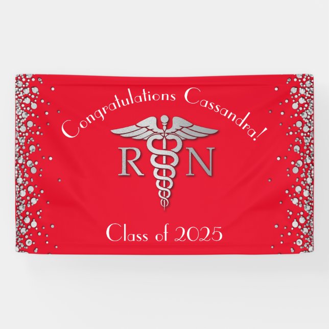 Nurse Nursing School Graduation Party Red Silver Banner (Horizontal)