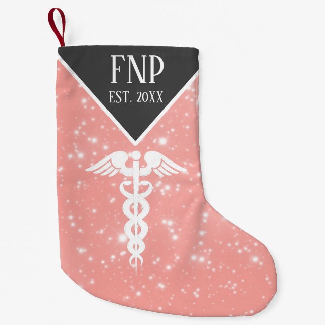 Nurse Practitioner Caduceus Pink Faux Glitter Kleiner Weihnachtsstrumpf (Vorderseite)