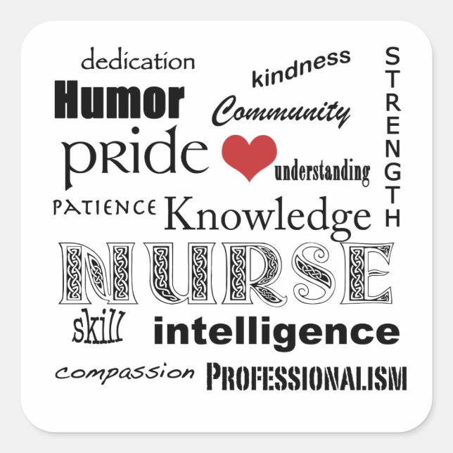 Nurse Pride Attributes, schwarz und weiß+rot Herz Quadratischer Aufkleber (Vorderseite)