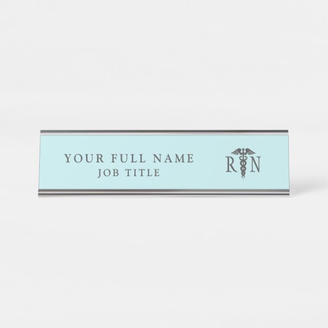 Nurse RN Aquamarin Blue Medical Caduceus Schreibtischnamensplakette (Vorderseite )