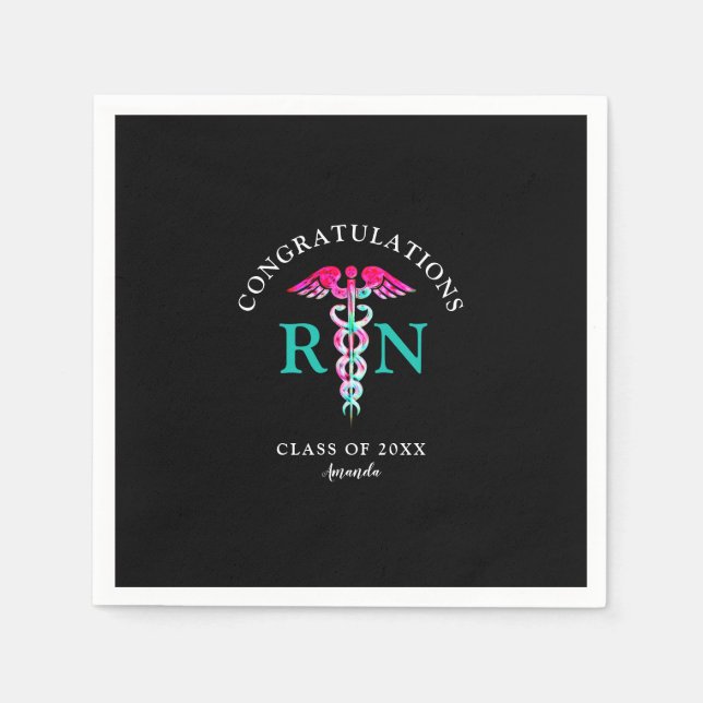 Nurse RN Black Pink Aquamarin Graduation Party Serviette (Vorderseite)