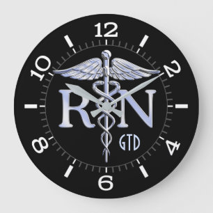 Nurse RN Caduceus Monogram Dial Style on Black Große Wanduhr