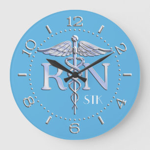 Nurse RN Caduceus Monogram Dial Style on Blue Große Wanduhr