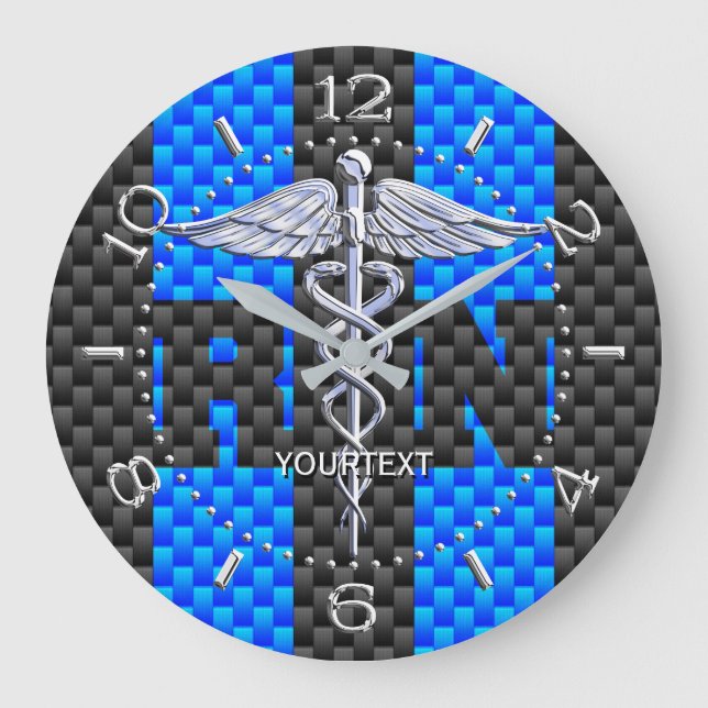 Nurse RN Caduceus Personalisiert Style Blue Carbon Große Wanduhr (Vorderseite)