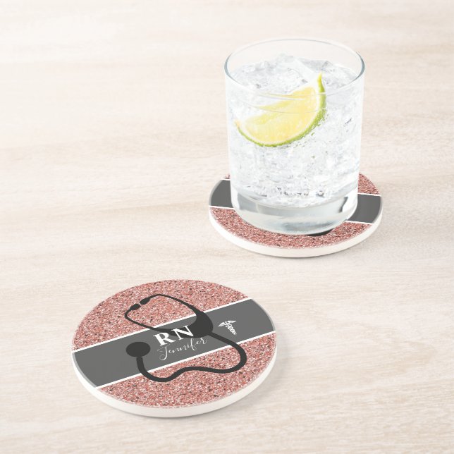Nurse RN Rose Gold Glitzer Personalisiert Getränkeuntersetzer (Seite)