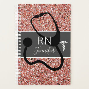 Nurse RN Stethoscope Pink Rose Gold Glitzer Name Planer