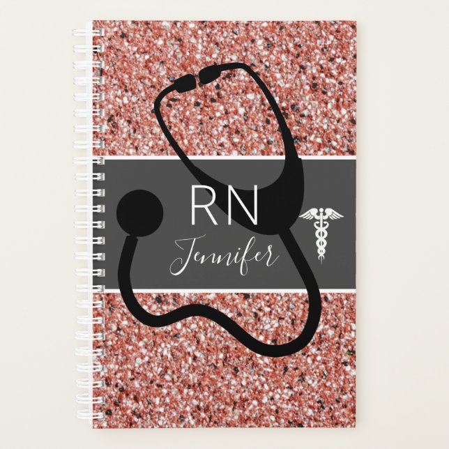 Nurse RN Stethoscope Pink Rose Gold Glitzer Name Planer (Vorderseite)
