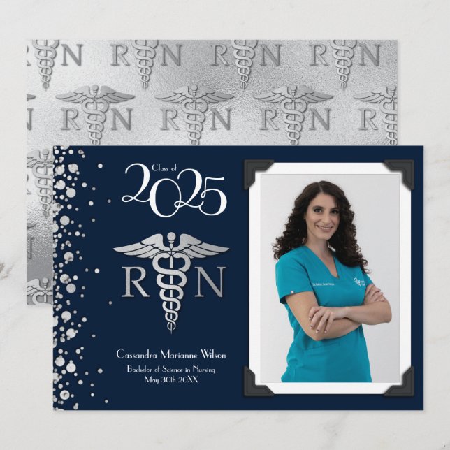 Nurse Silver Abschluss Ankündigung Navy Blue (Vorne/Hinten)