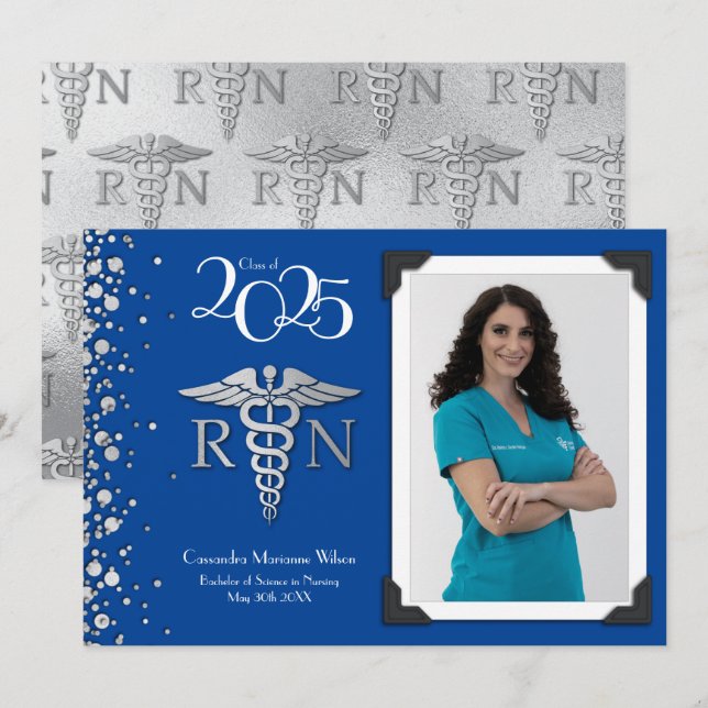 Nurse Silver Abschluss Announcement Blue Einladung (Vorne/Hinten)