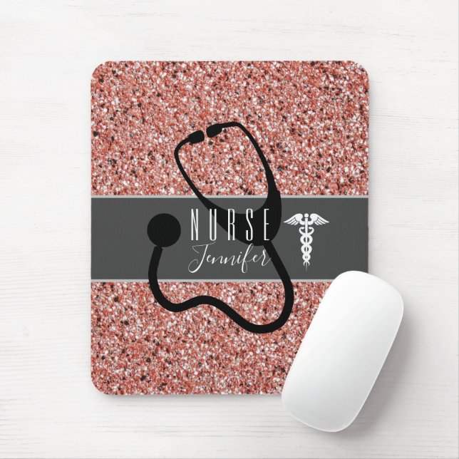 Nurse Stethoscope Caduceus Pink Rose Gold Glitzer Mousepad (Mit Mouse)