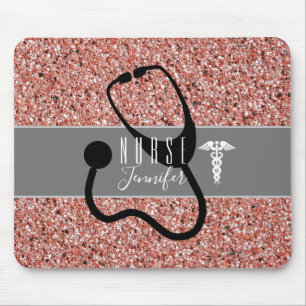 Nurse Stethoscope Caduceus Rose Gold Glitzer Mousepad