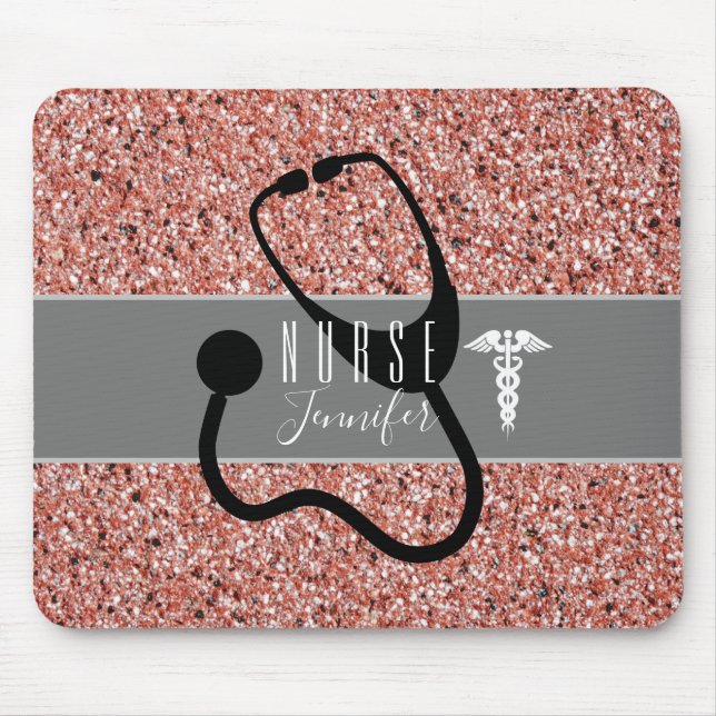 Nurse Stethoscope Caduceus Rose Gold Glitzer Mousepad (Vorne)