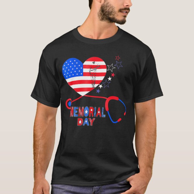 Nurse Stethoscope Herz Patriotic Memorial Day Fla T-Shirt (Vorderseite)